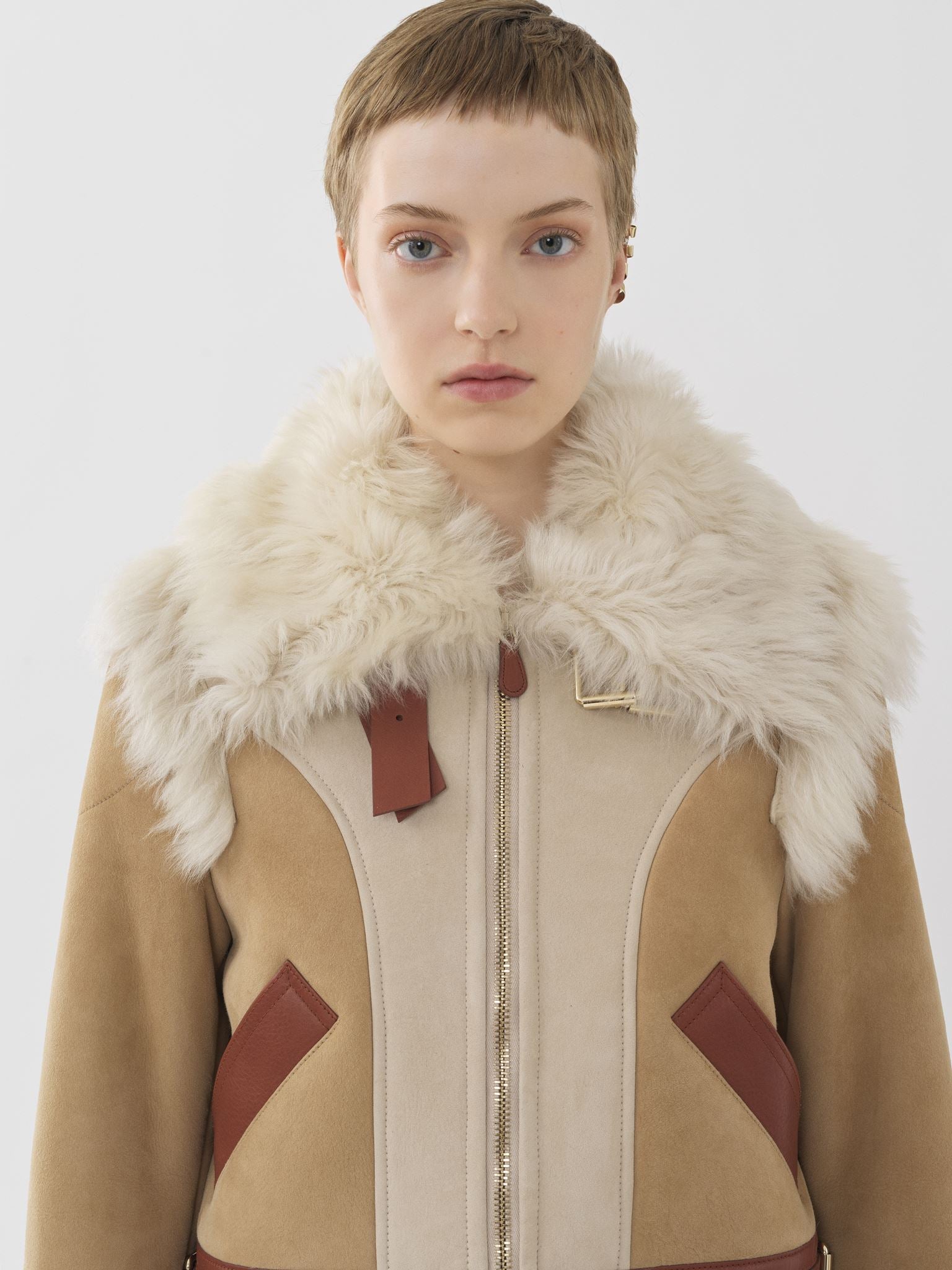 Blouson aviateur offre un jeu de textures et en cuir - Bronzage Doux