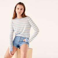 Pull court à col rond à rayures en laine superfine - Sunset Blue