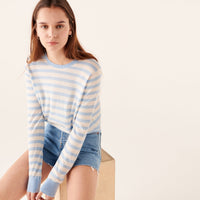 Pull court à col rond à rayures en laine superfine - Sunset Blue