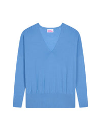 Pull à col V oversize à large bord côte en laine superfine - Pacific Blue