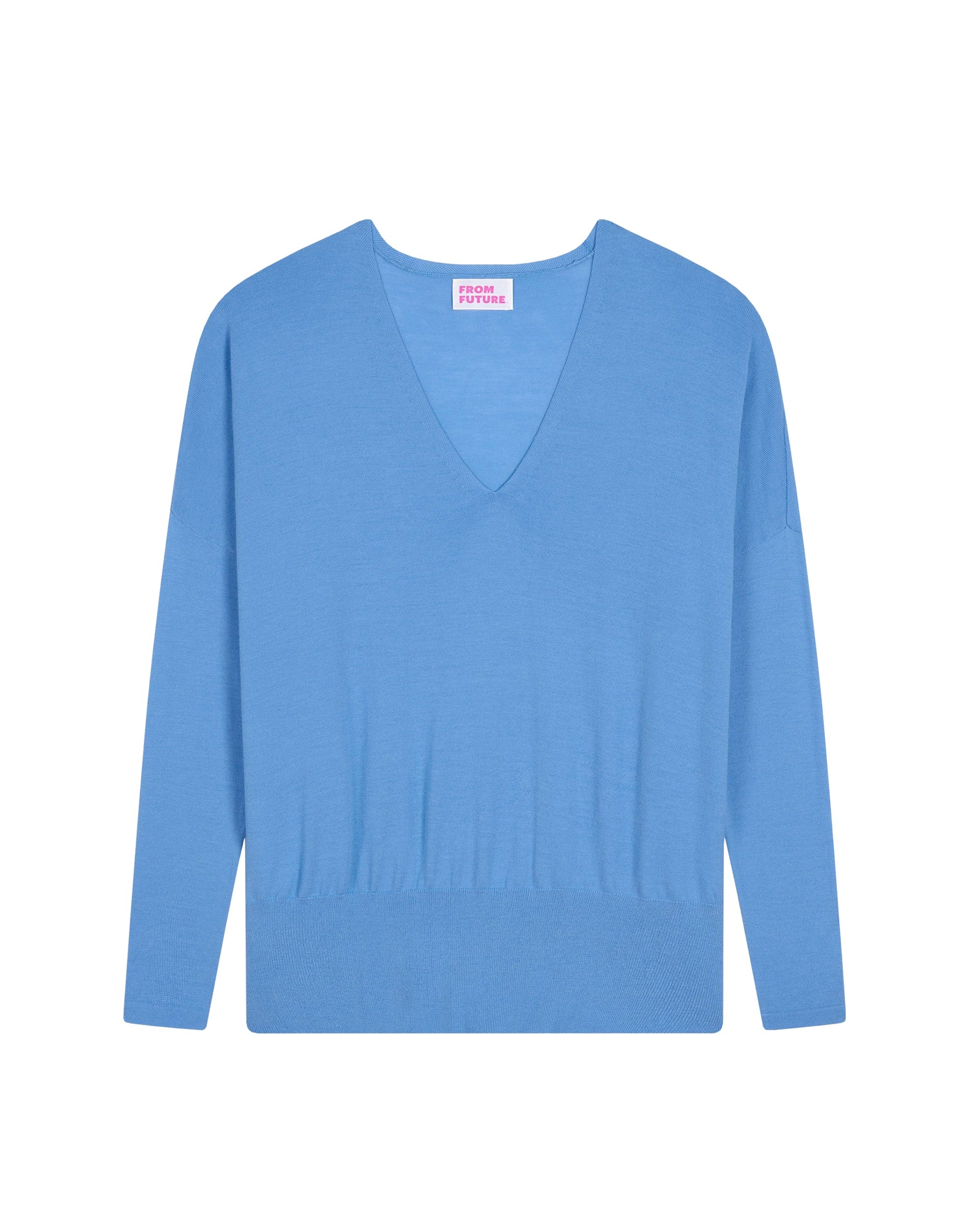 Pull à col V oversize à large bord côte en laine superfine - Pacific Blue