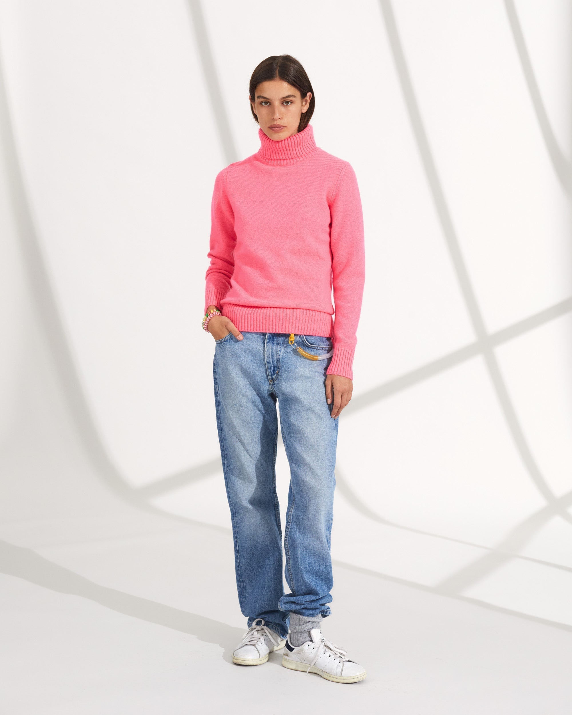 Pull à col roulé bord côte en cachemire - Rainbow Pink