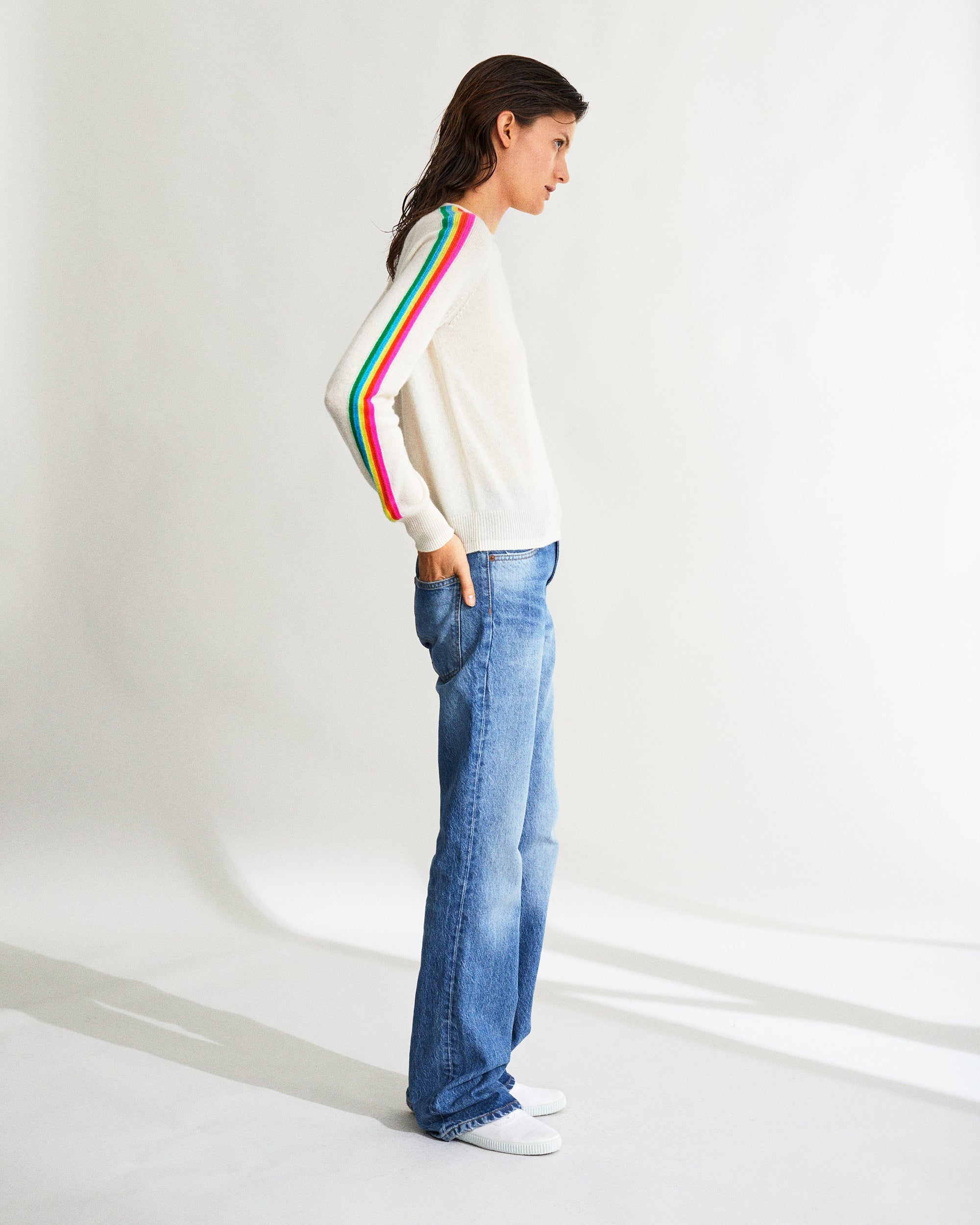 Pull à col rond à bande multicolore en cachemire - Holiday Blue