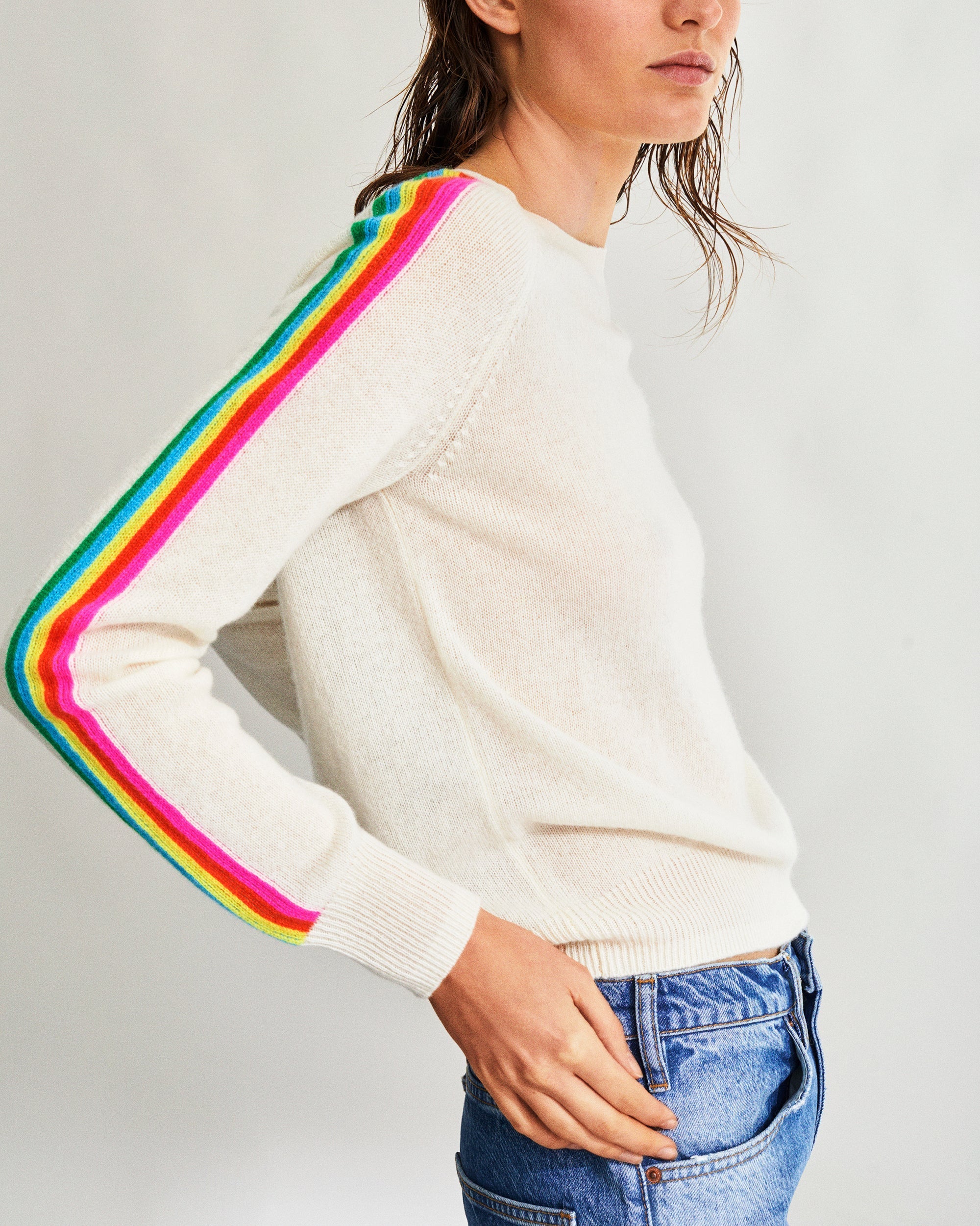 Pull à col rond à bande multicolore en cachemire - Holiday Blue