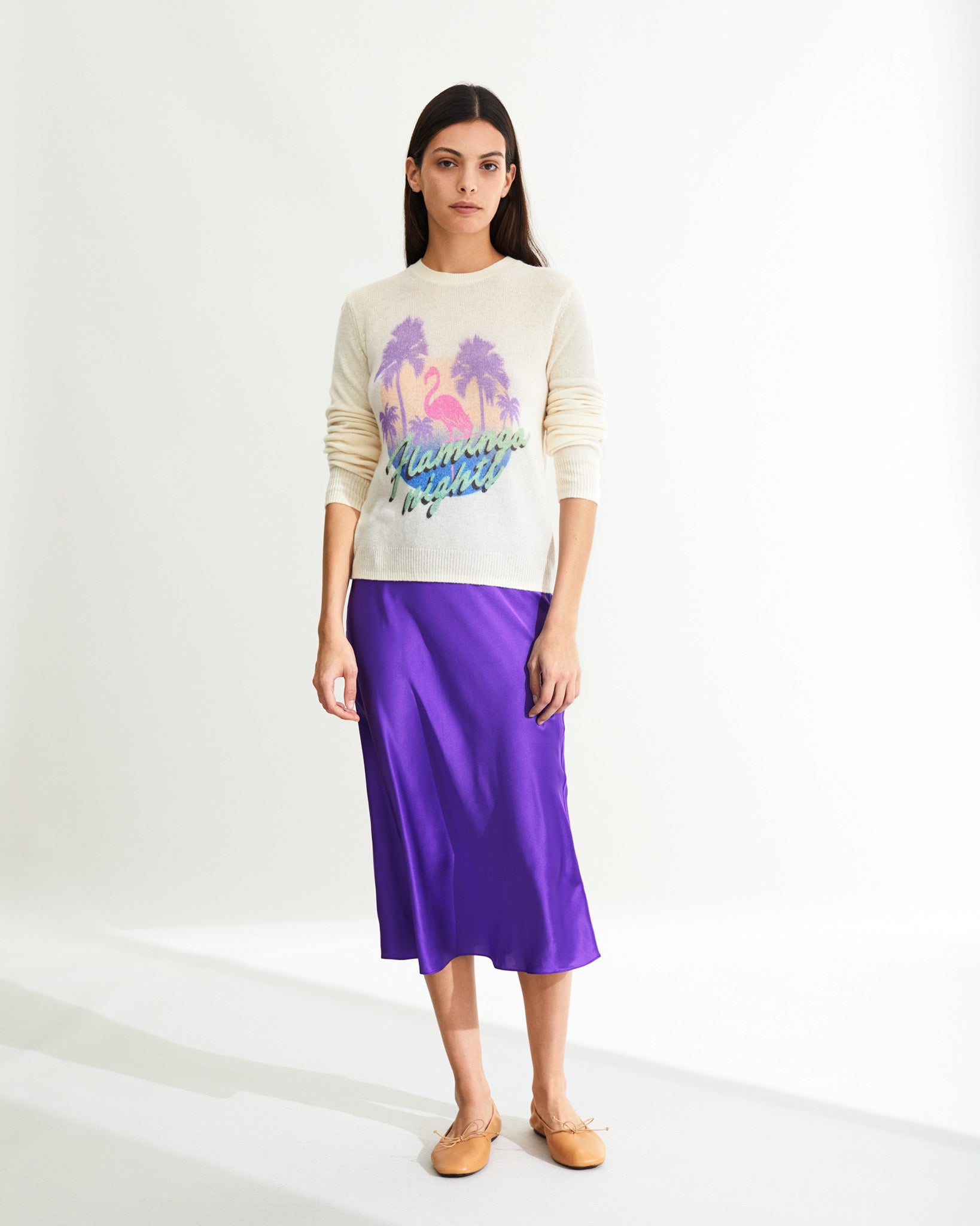 Pull à col rond imprimé Flamingo en cachemire - Ecru