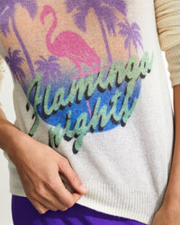 Pull à col rond imprimé Flamingo en cachemire - Ecru