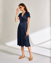 Robe mi longue Marta en soie - Navy Jacquard