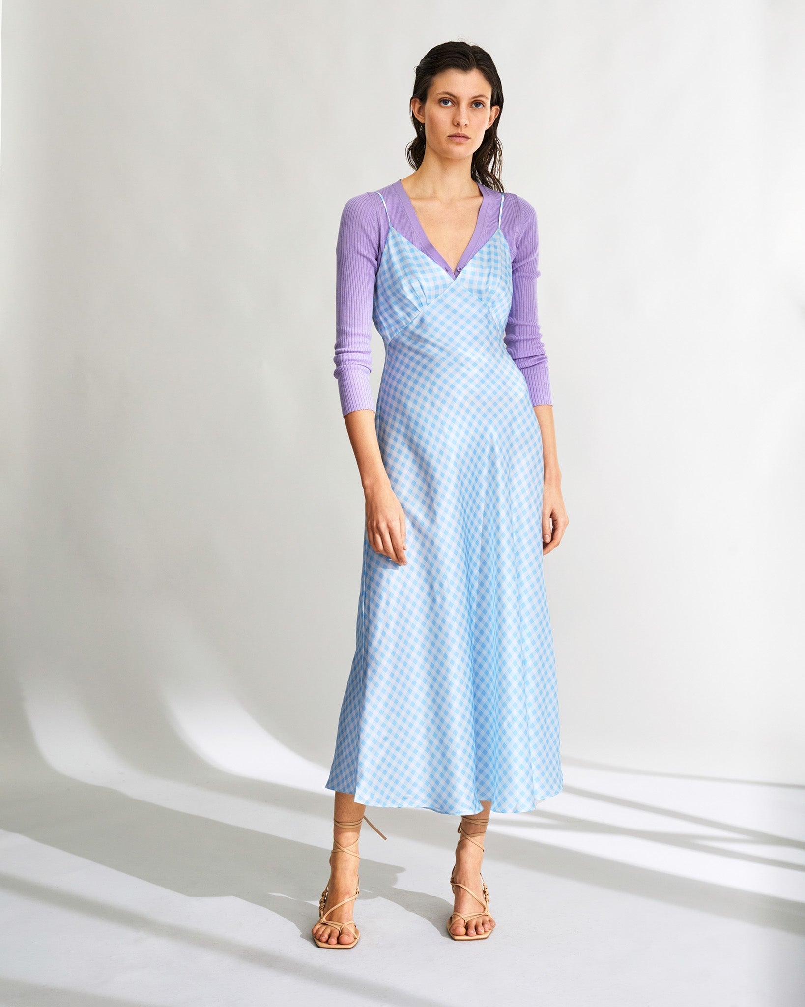 Robe longue Gigi en soie - Blue Vichy