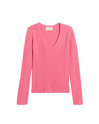 Pull à col V à côtes en laine superfine - Bubble Gum