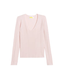 Pull à col V à côtes en laine superfine - Powder Pink