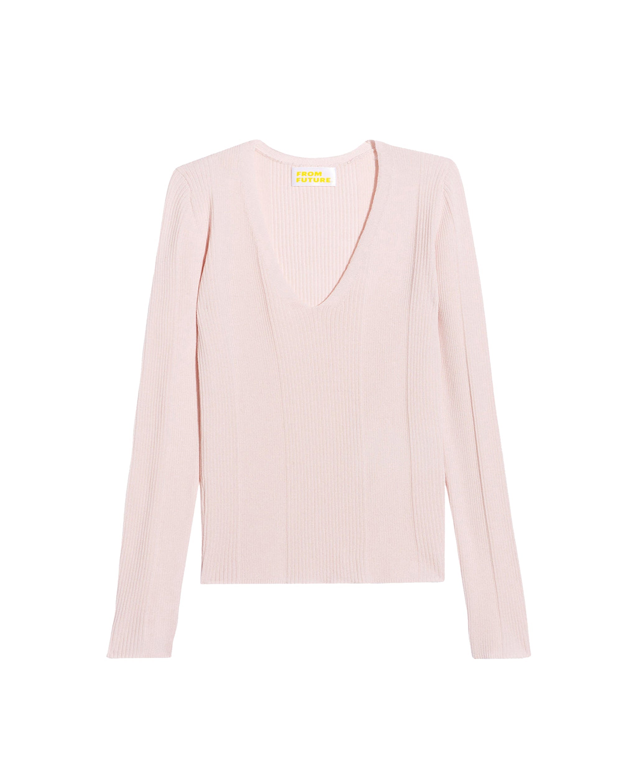 Pull à col V à côtes en laine superfine - Powder Pink