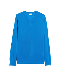 Pull à col V en laine superfine - Denim Blue
