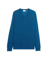 Pull à col V en laine superfine - Petrol Blue