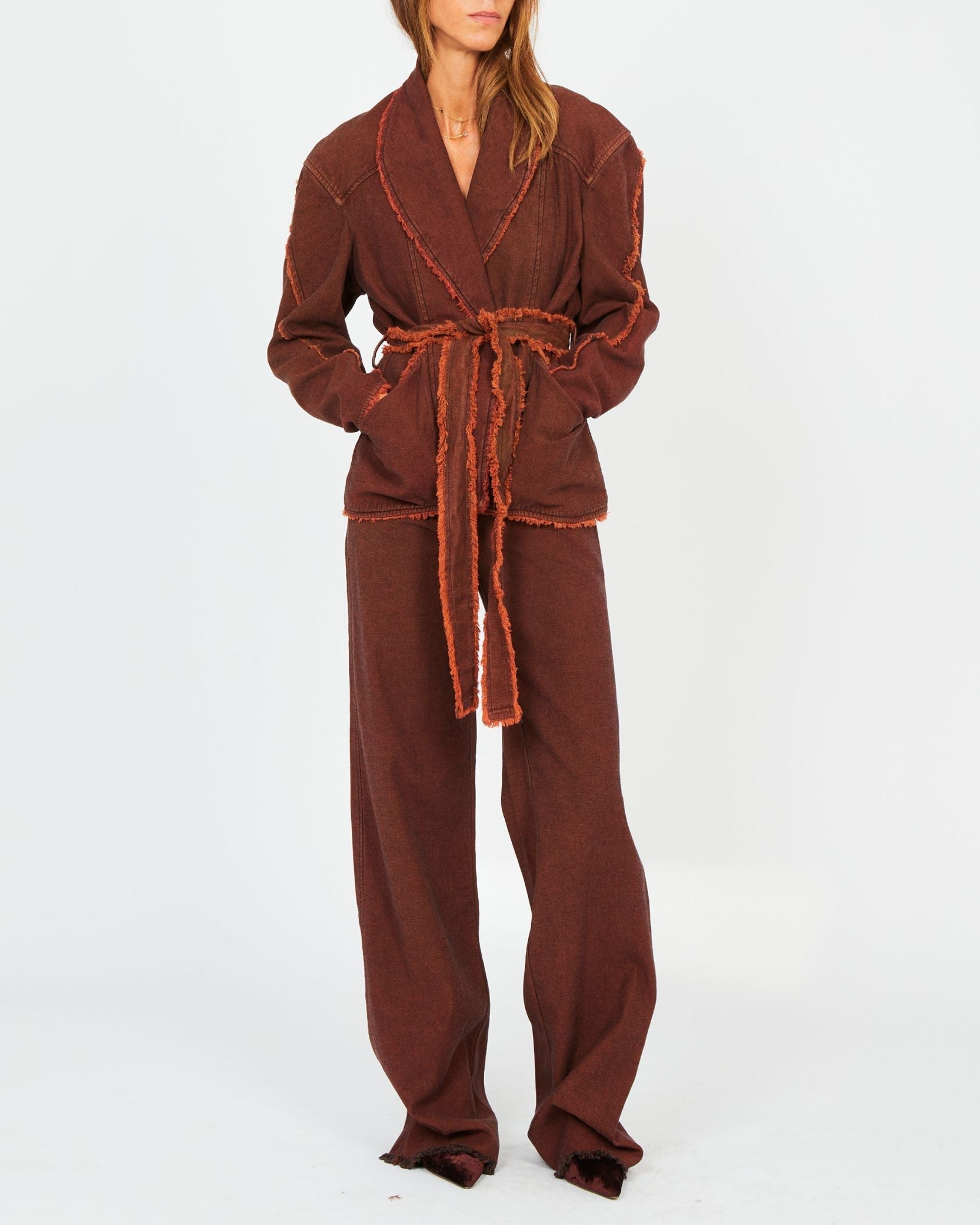 Veste en jean ceinturée - Rouge