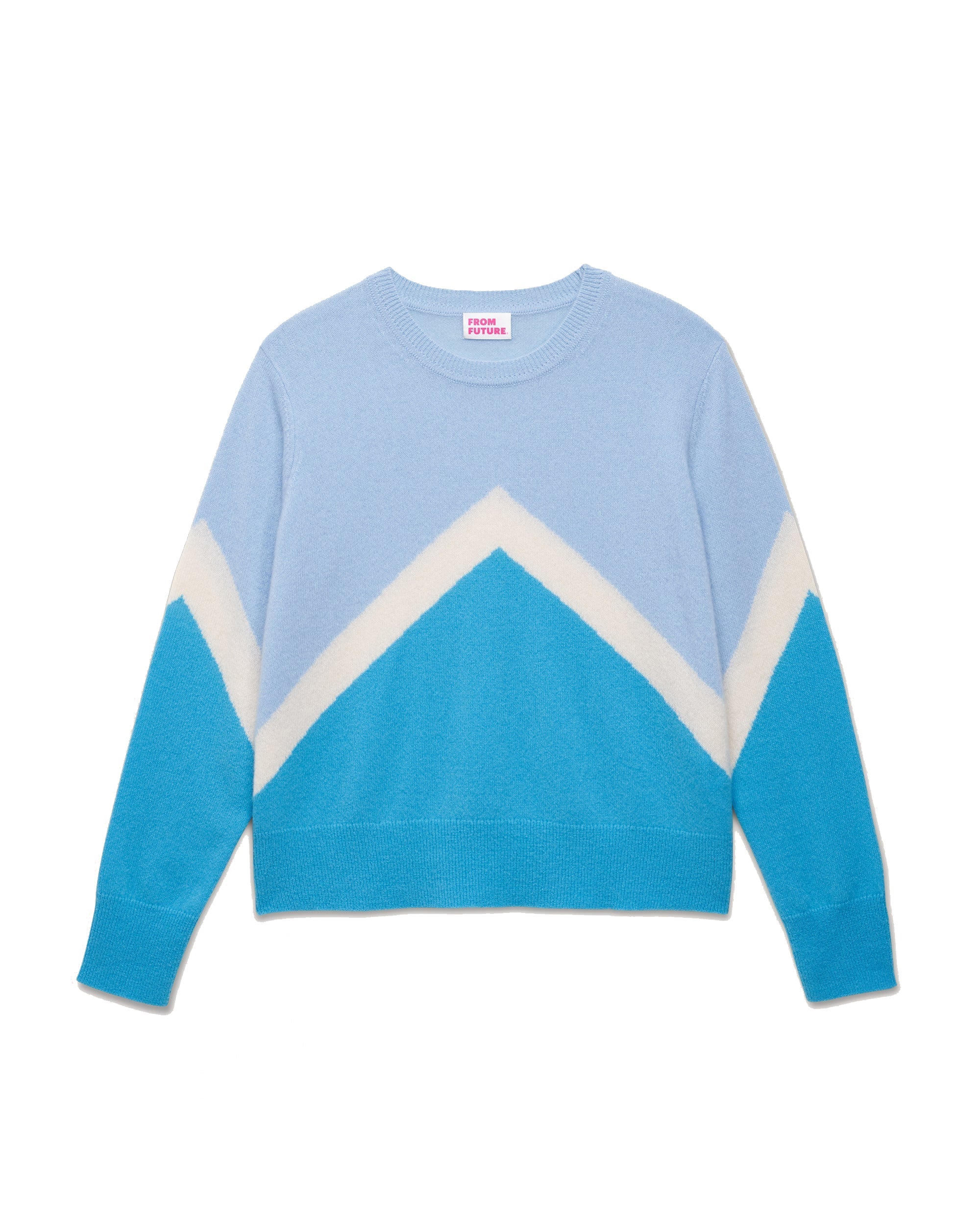 Pull oversize motif V tricolore en cachemire - Water Blue