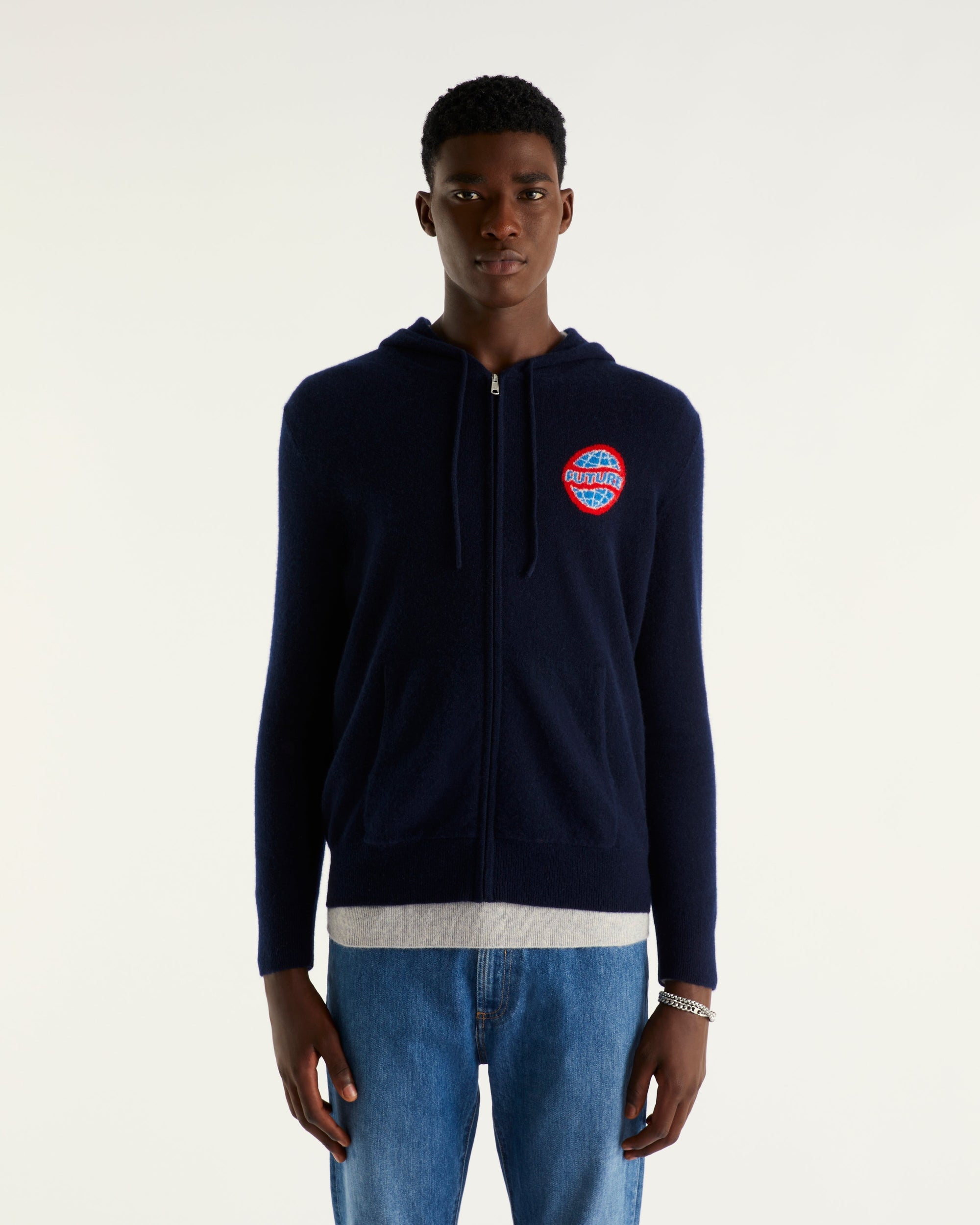 Hoodie zippé à motif globe en cachemire - Navy