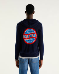 Hoodie zippé à motif globe en cachemire - Navy