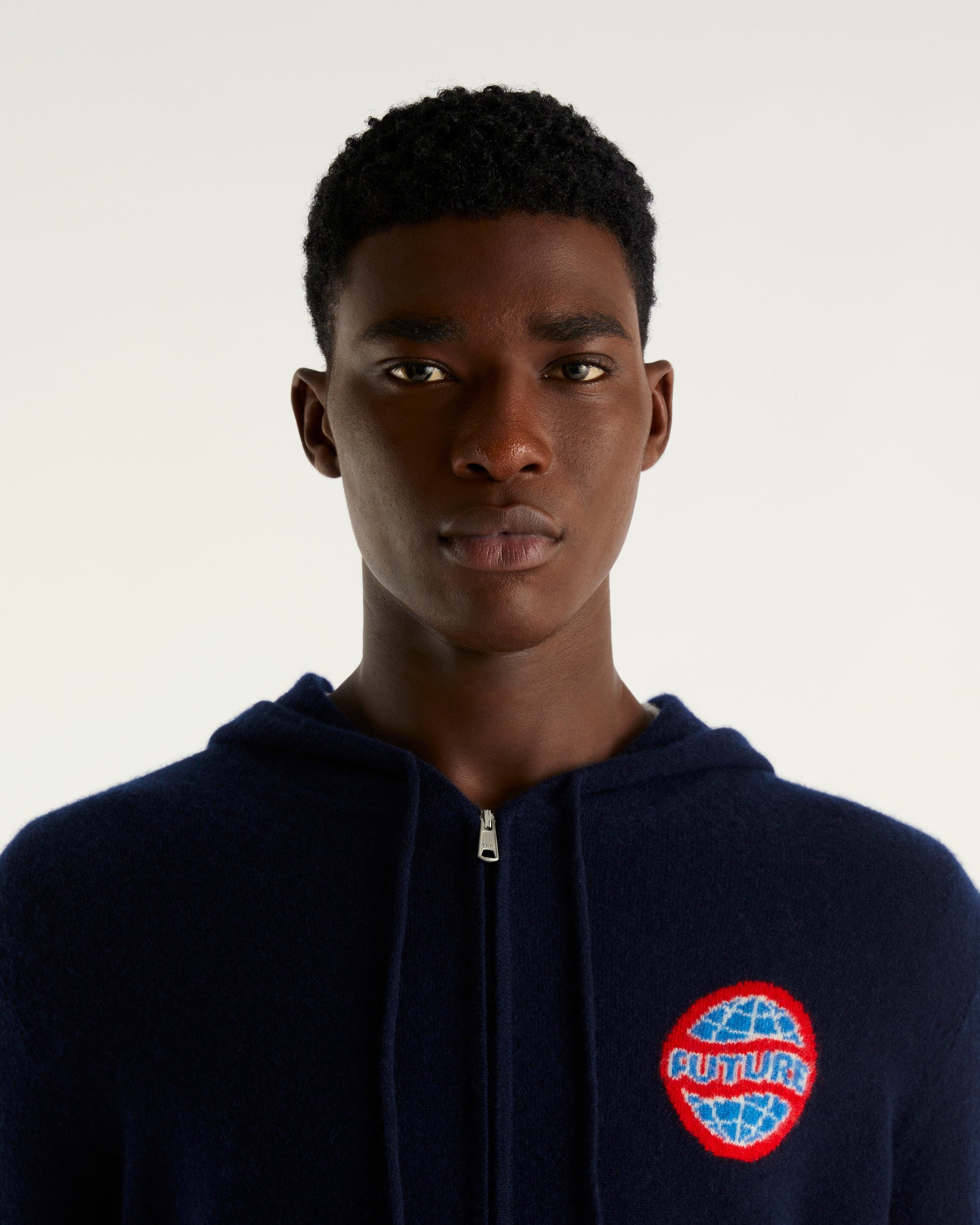 Hoodie zippé à motif globe en cachemire - Navy