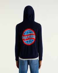 Hoodie zippé à motif globe en cachemire - Navy