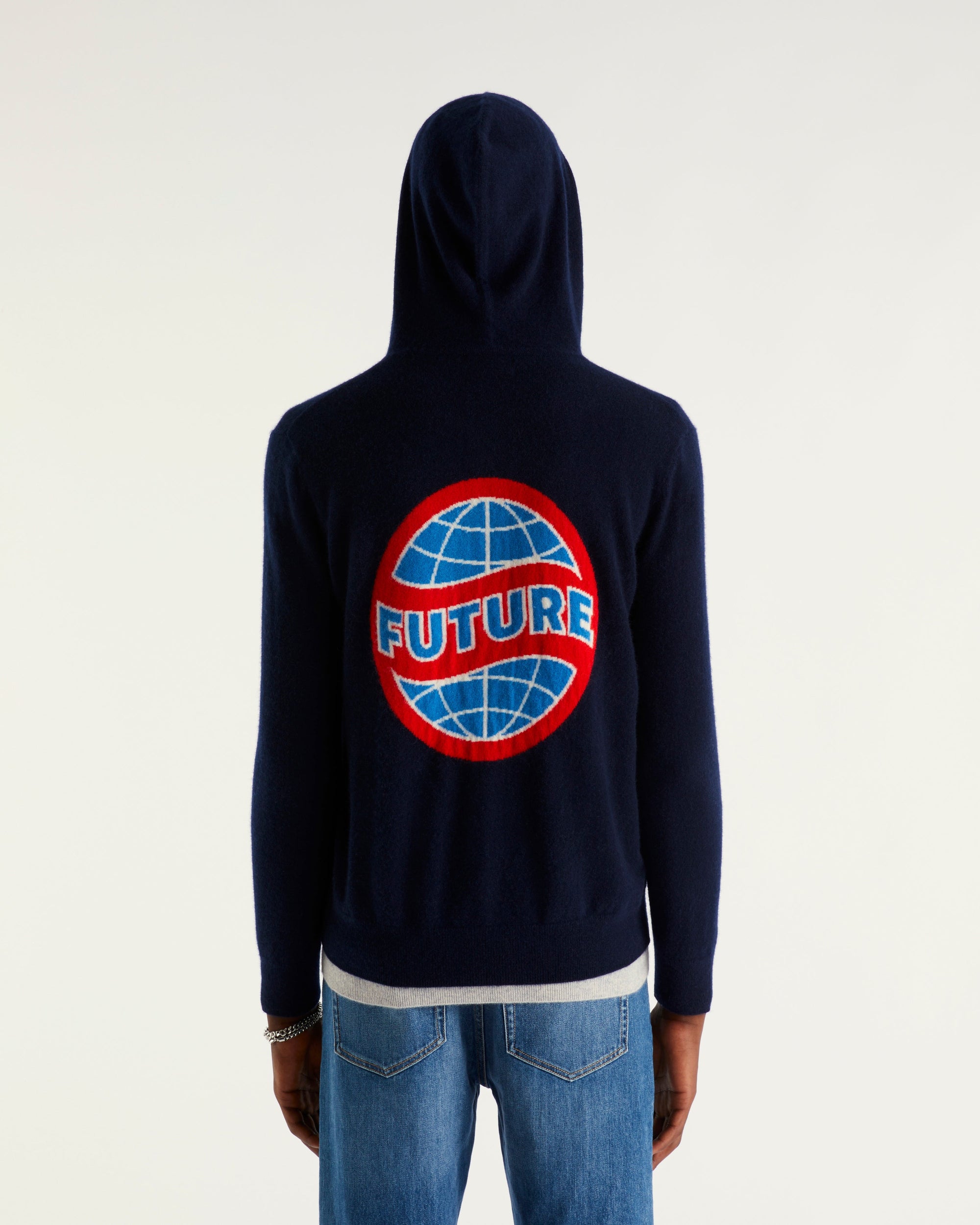 Hoodie zippé à motif globe en cachemire - Navy