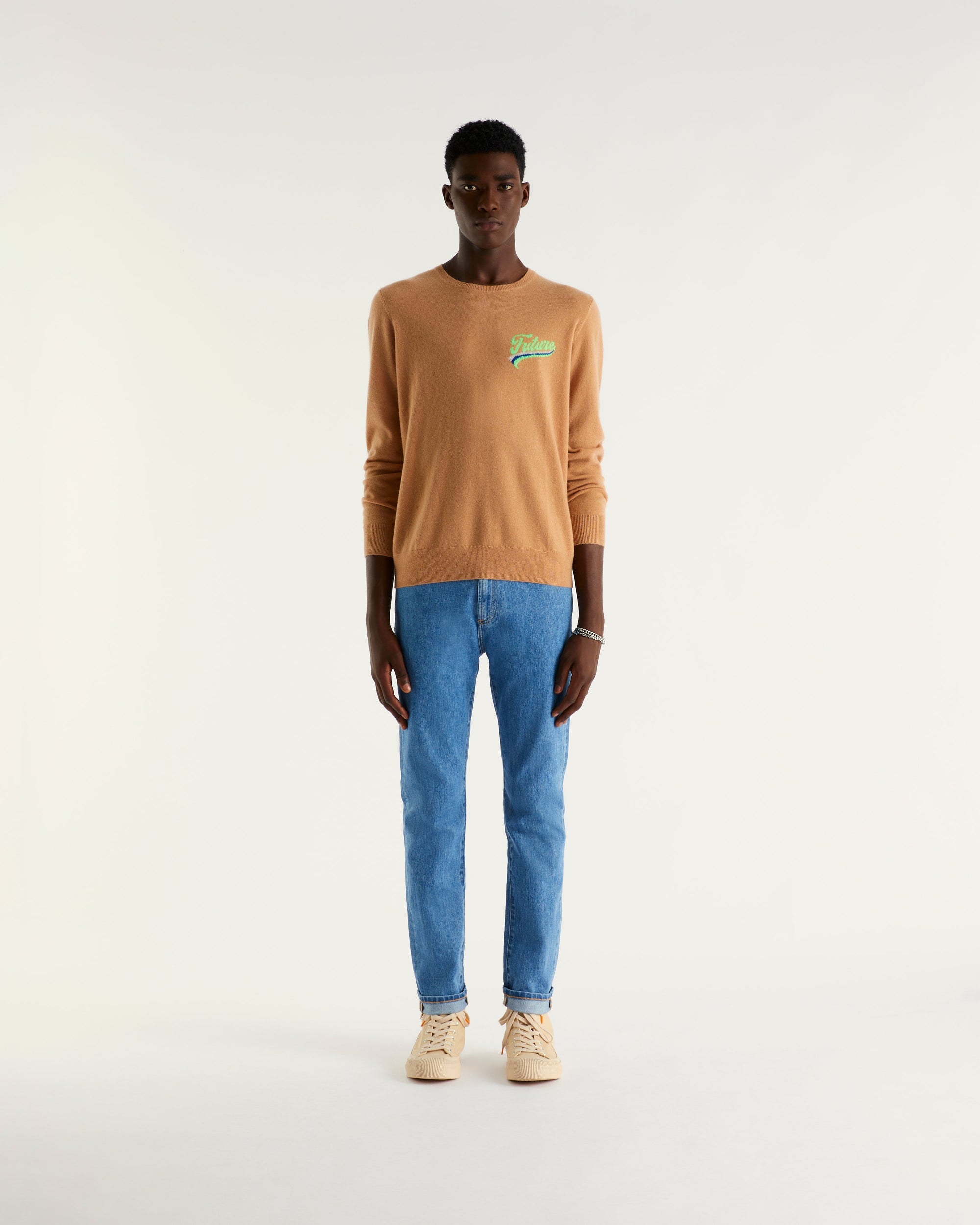 Pull à col rond et logo graphique en cachemire - Camel