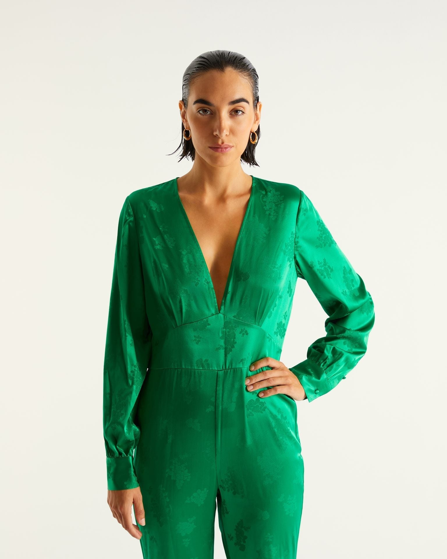 Combi-pantalon Abie en soie - Green Jacquard
