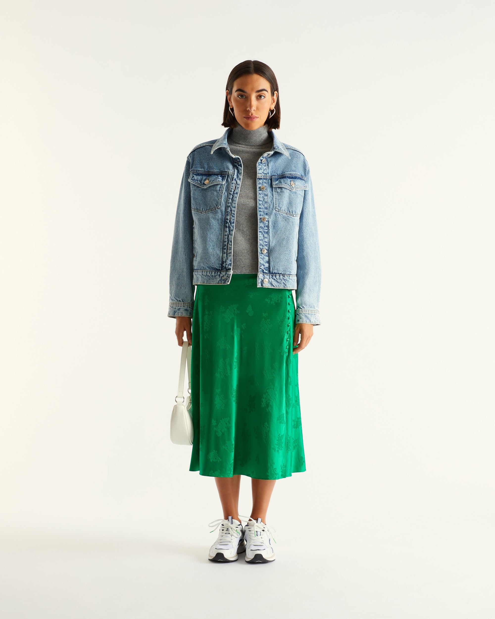 Jupe mi longue Elie en soie - Green Jacquard