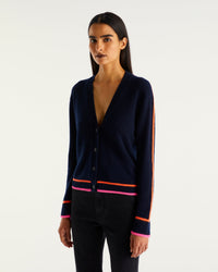 Cardigan court à bandes contrastées en cachemire - Navy