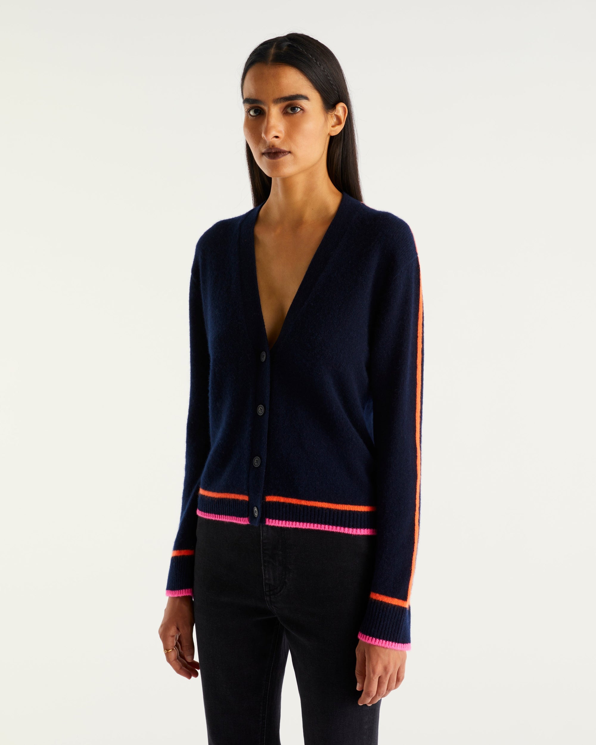 Cardigan court à bandes contrastées en cachemire - Navy