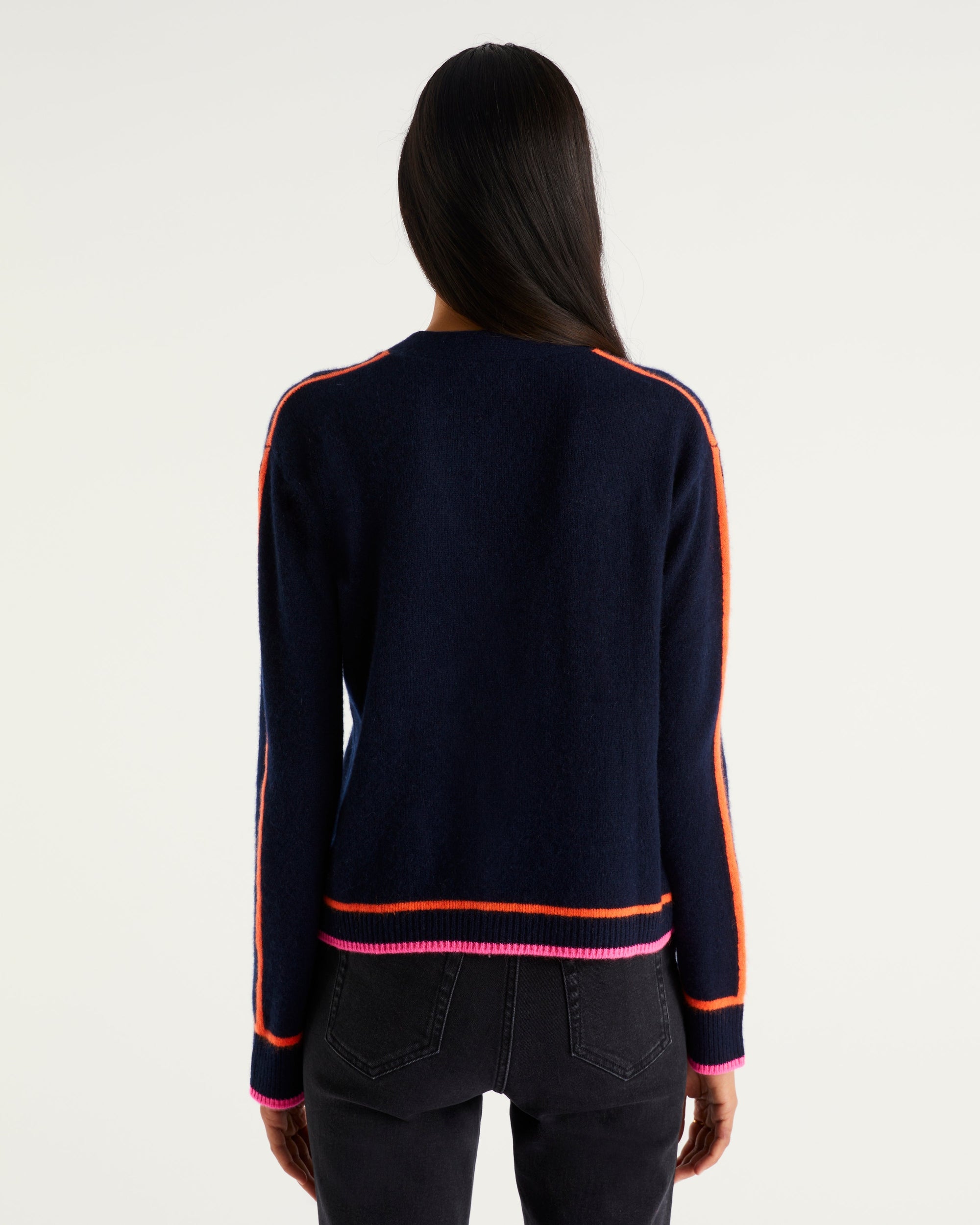 Cardigan court à bandes contrastées en cachemire - Navy