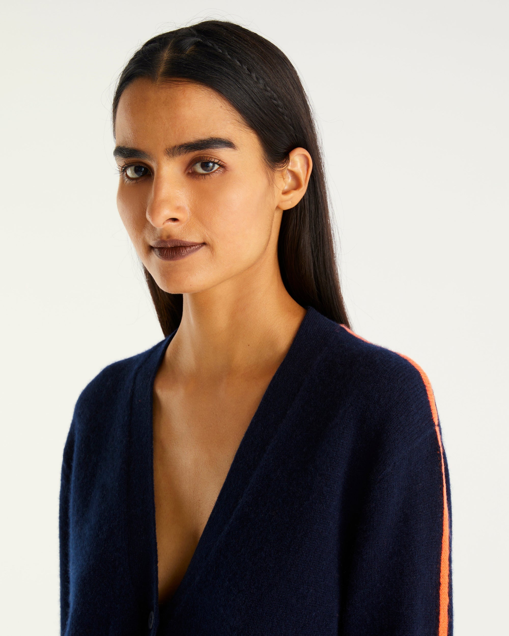 Cardigan court à bandes contrastées en cachemire - Navy