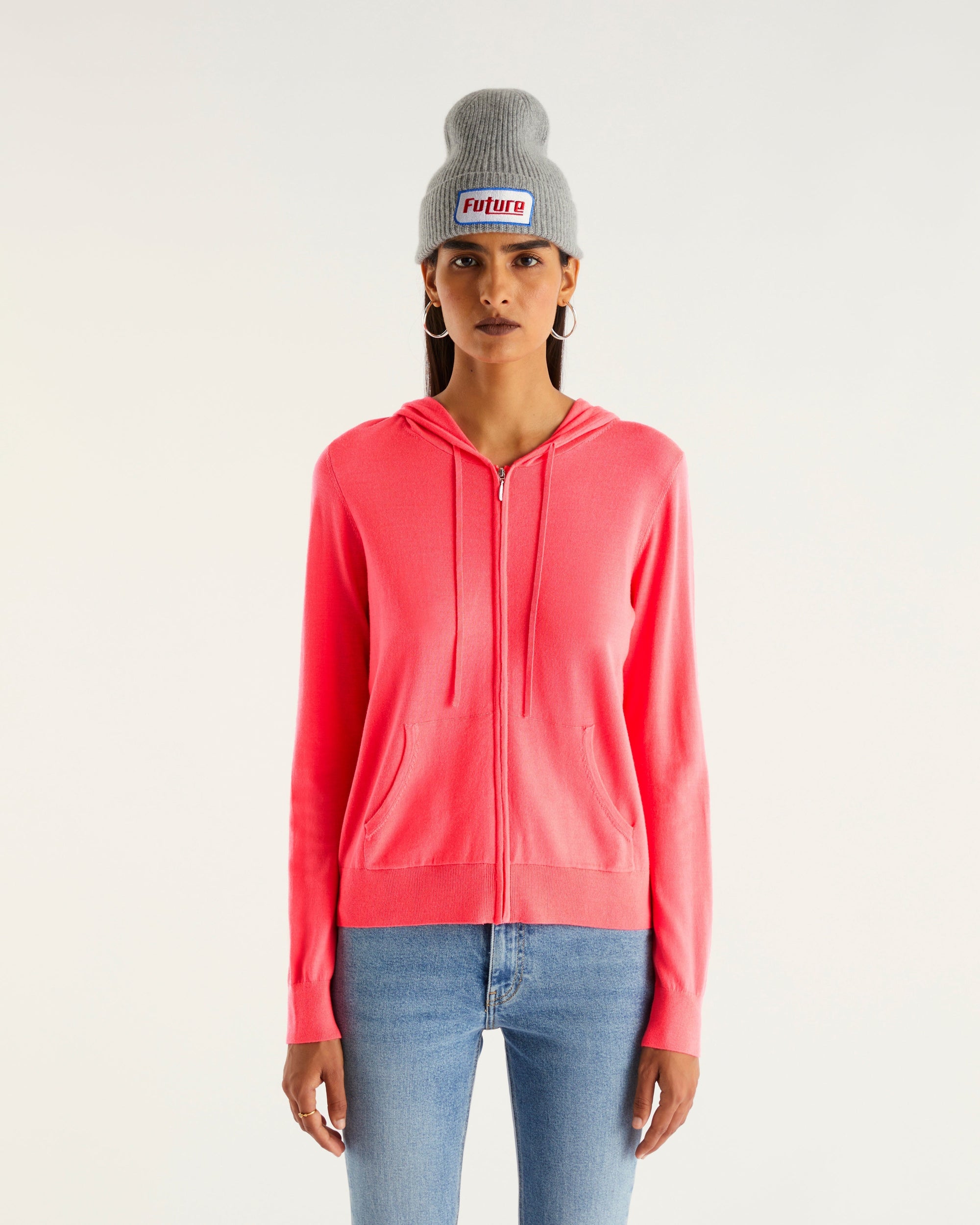 Hoodie classique à zip en laine mérinos - Neon Pink