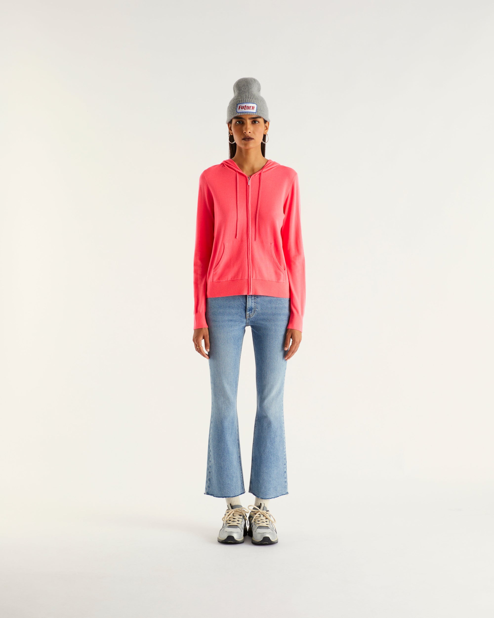 Hoodie classique à zip en laine mérinos - Neon Pink