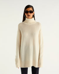 Pull long et oversize à col roulé en cachemire - Prune