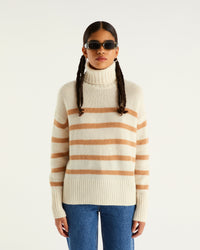 Pull marinière à col roulé en cachemire - Ecru