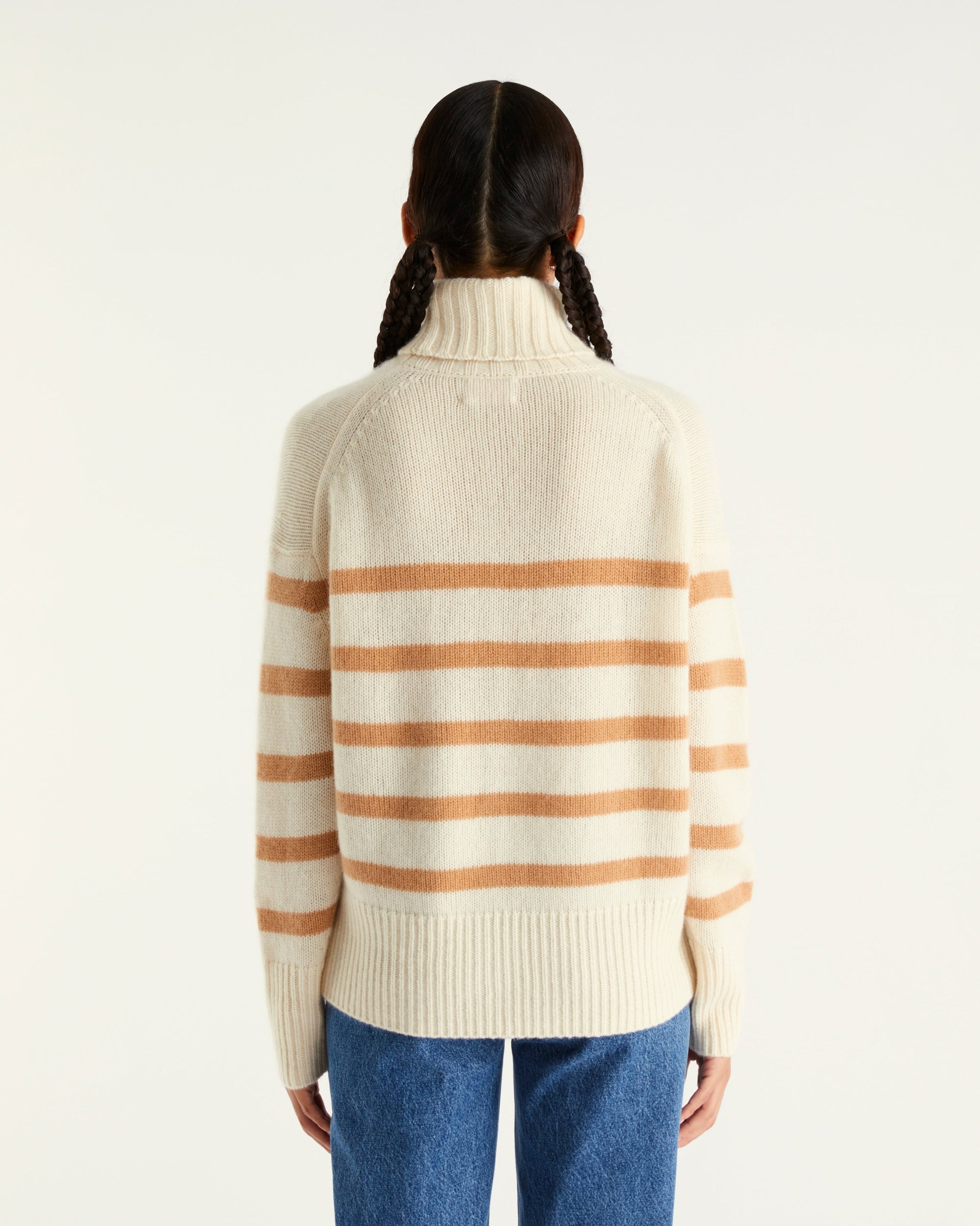 Pull marinière à col roulé en cachemire - Ecru
