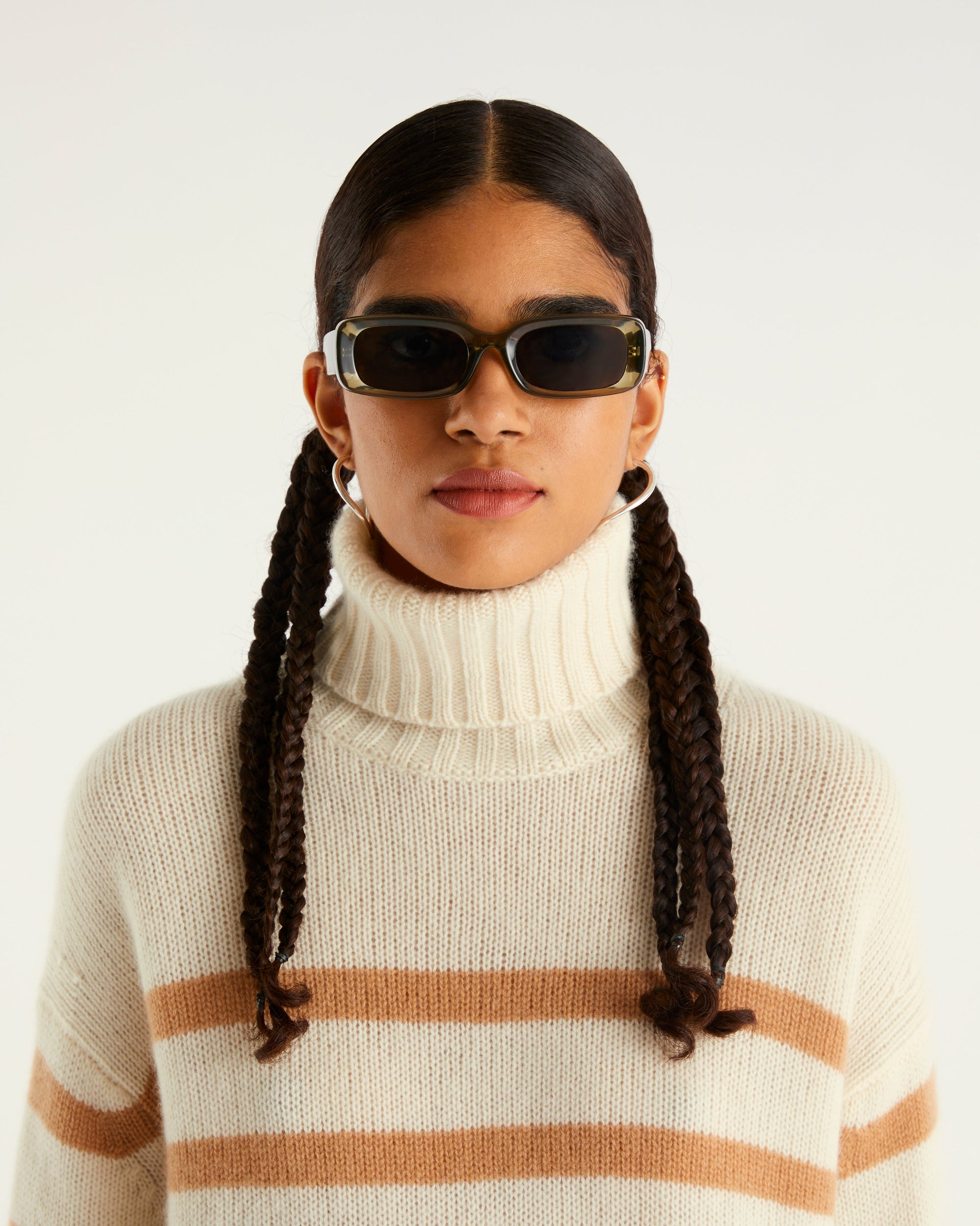 Pull marinière à col roulé en cachemire - Ecru