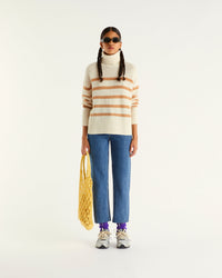 Pull marinière à col roulé en cachemire - Ecru
