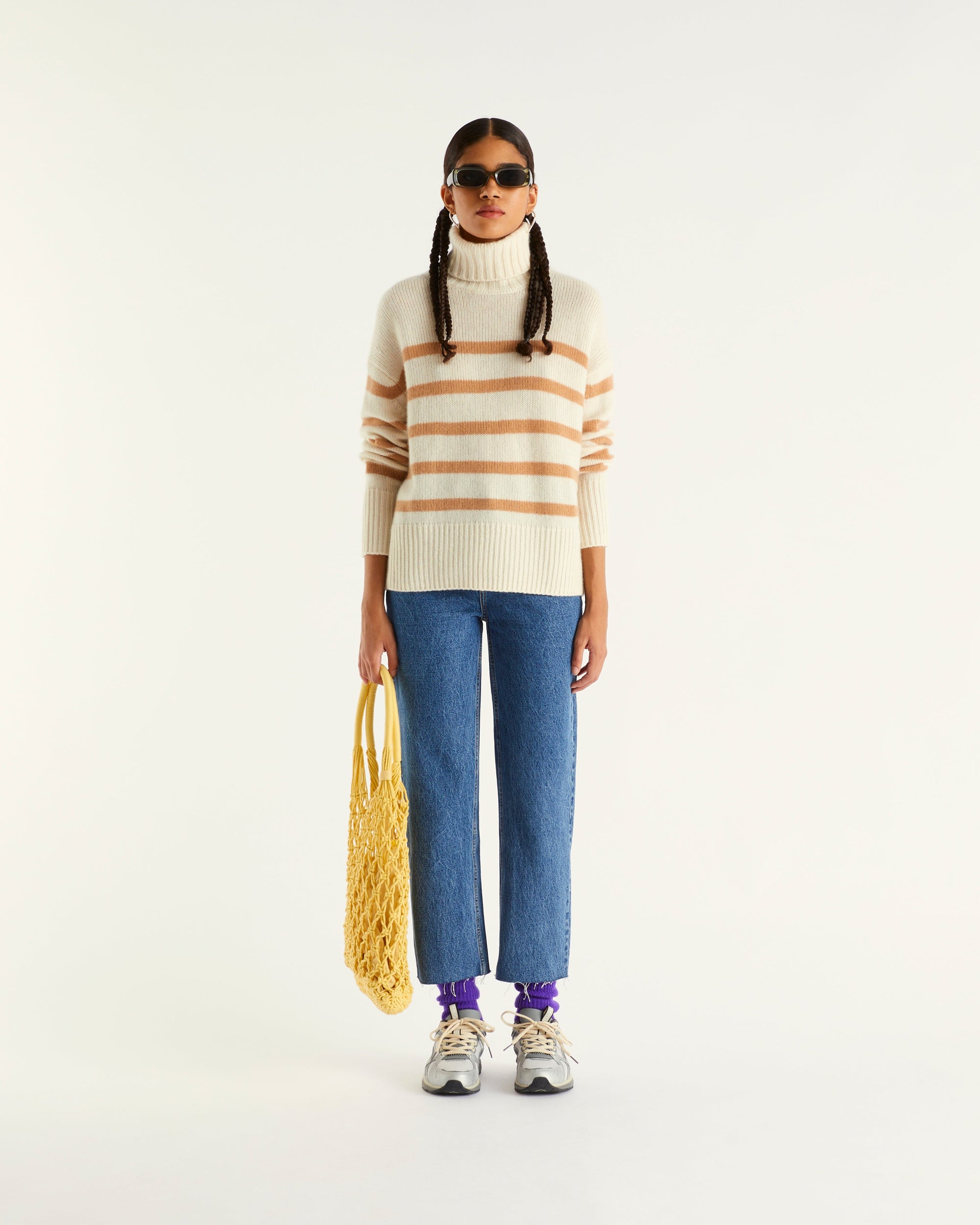 Pull marinière à col roulé en cachemire - Ecru