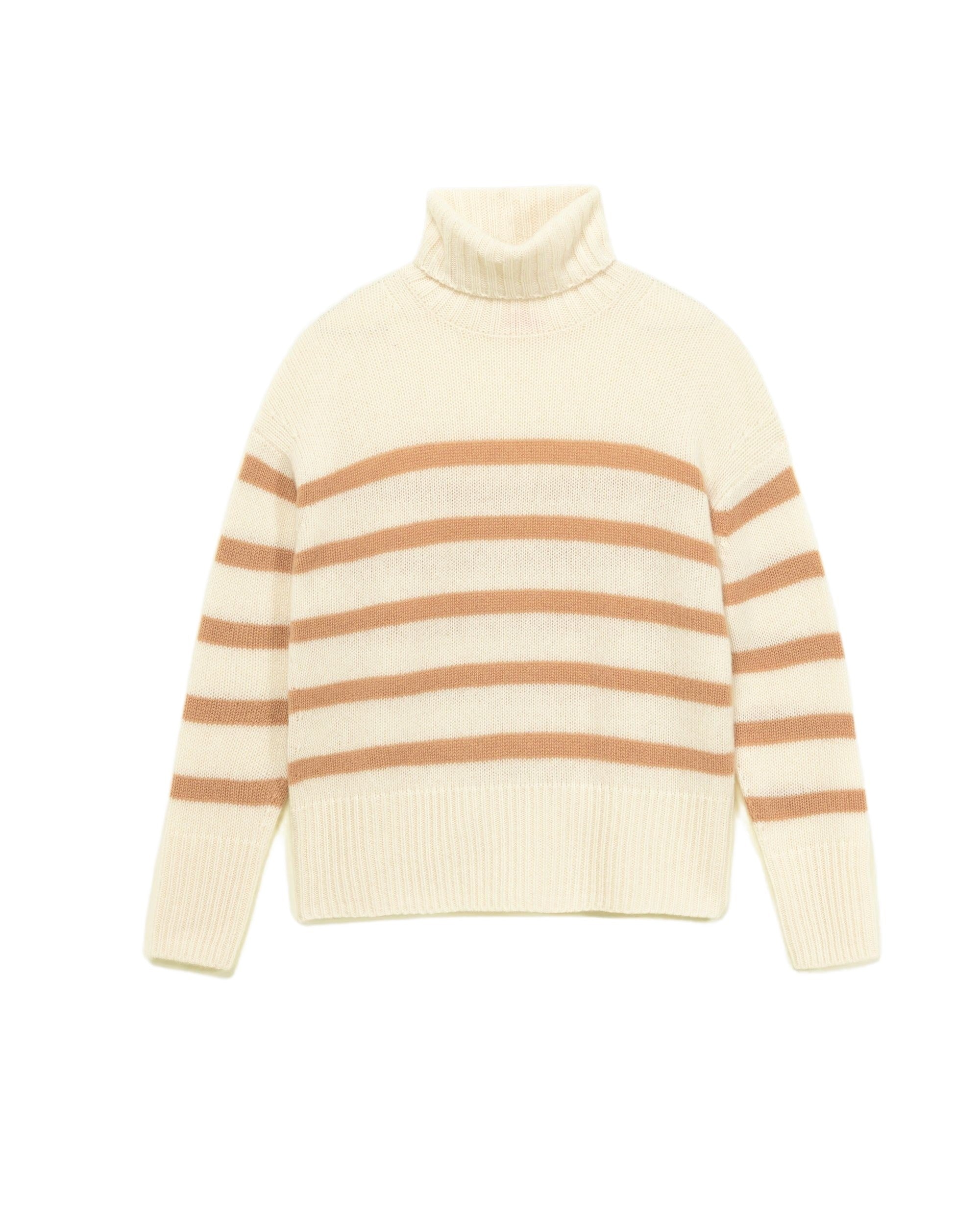 Pull marinière à col roulé en cachemire - Ecru