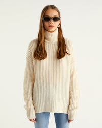 Pull à col roulé maille perlée en cachemire - Ecru