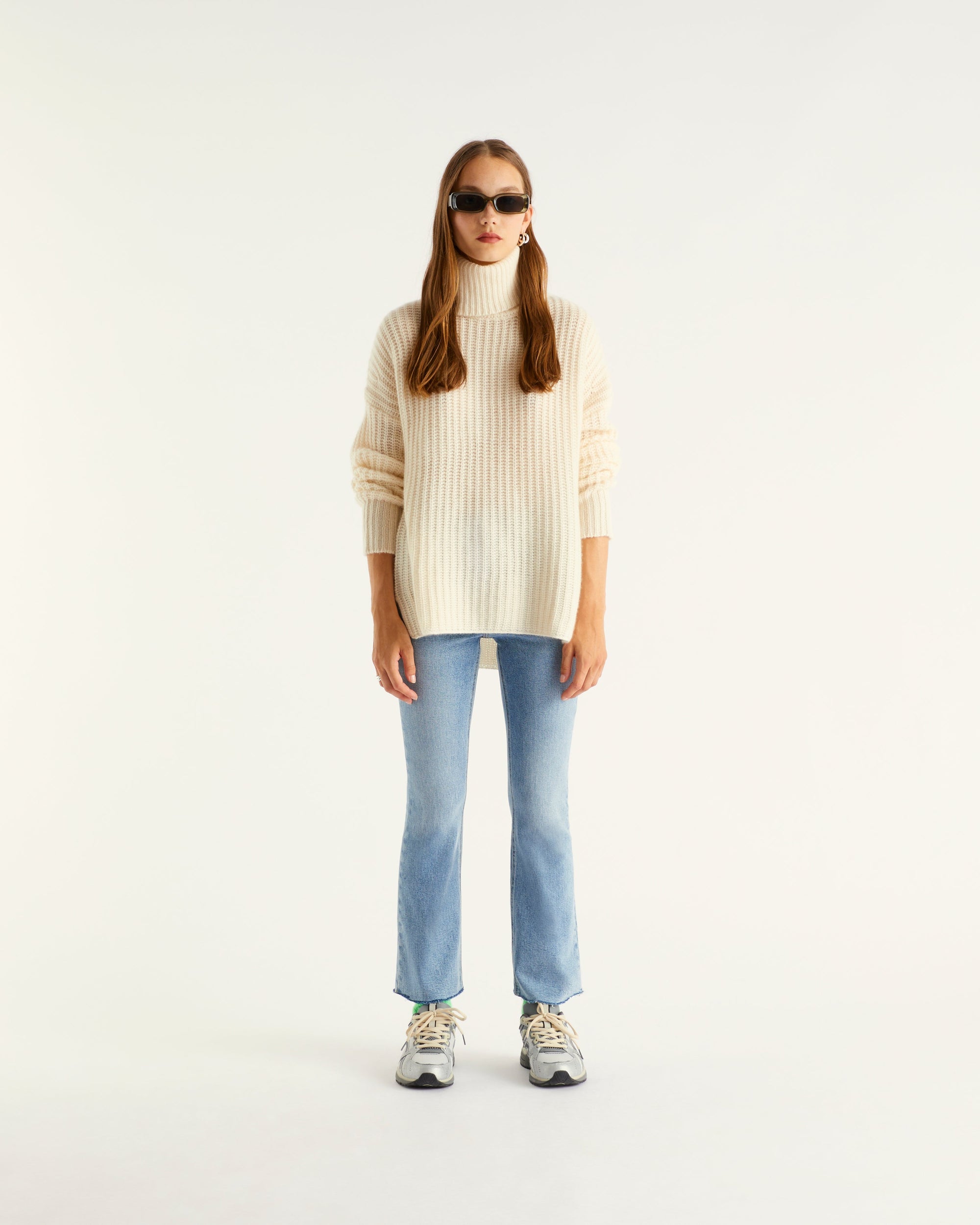 Pull à col roulé maille perlée en cachemire - Ecru