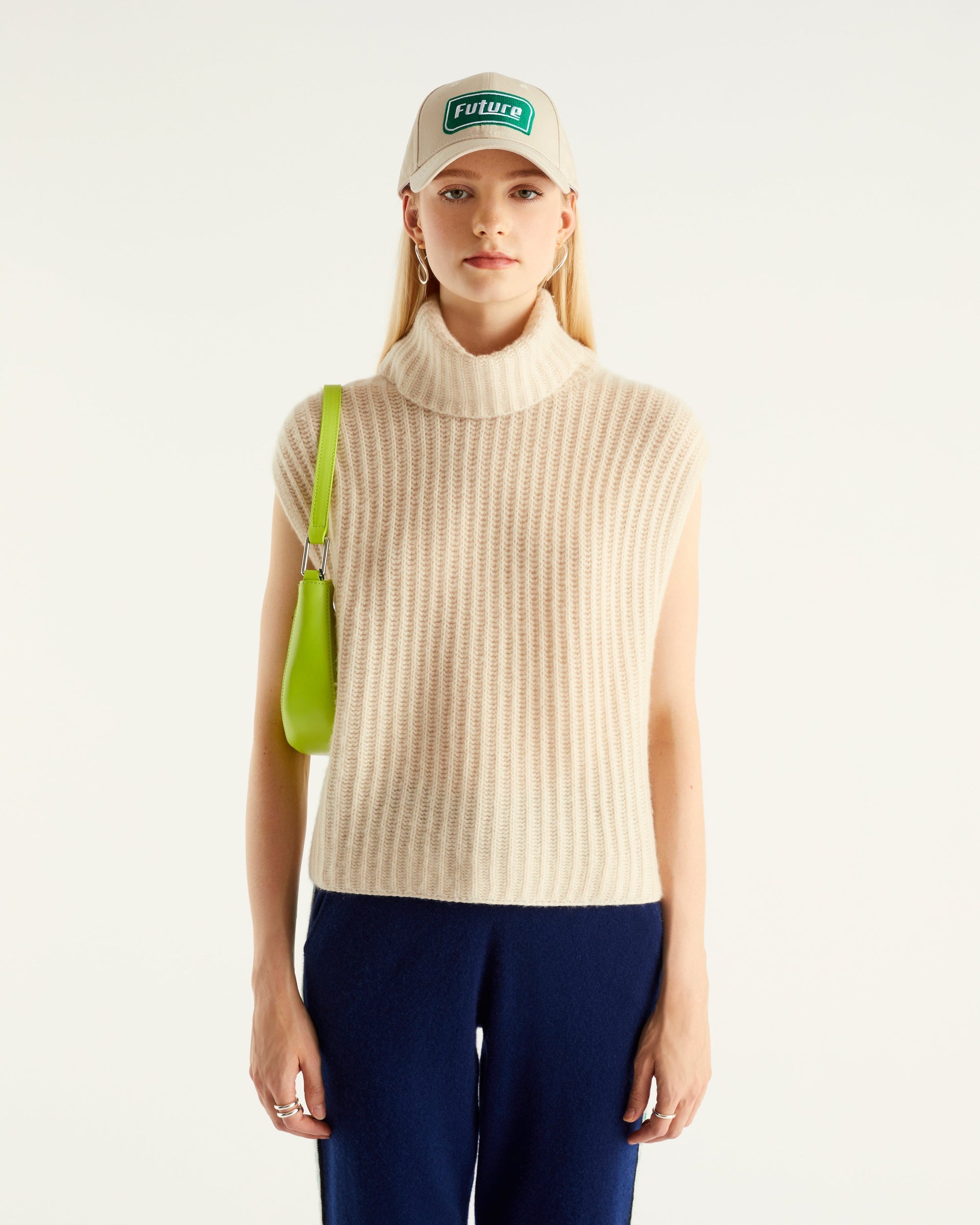 Pull à col roulé maille perlée sans manches en cachemire - Ink Blue