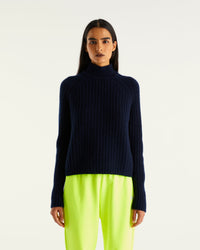 Pull à col montant à côtes anglaises en cachemire - Navy