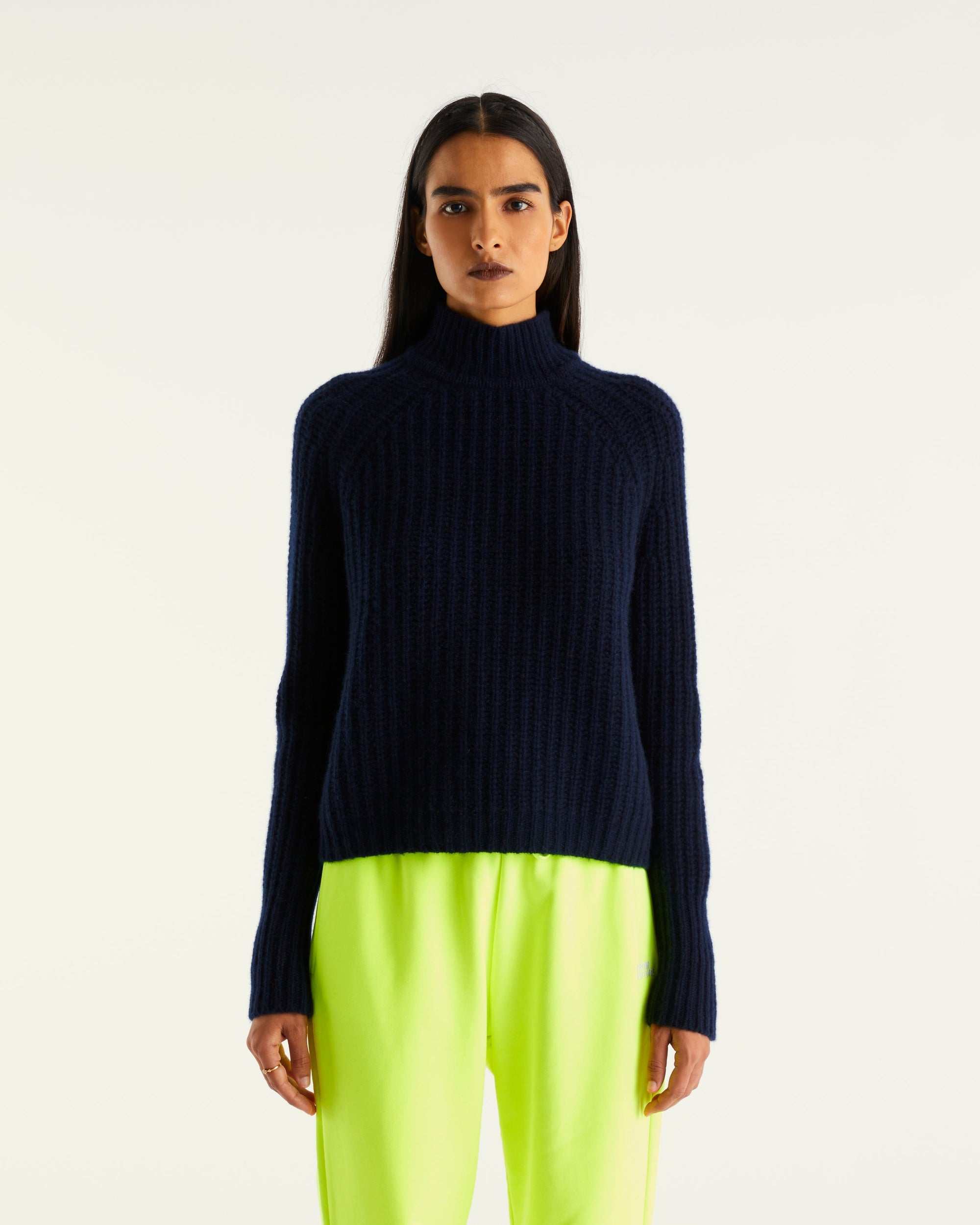 Pull à col montant à côtes anglaises en cachemire - Navy