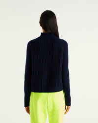 Pull à col montant à côtes anglaises en cachemire - Navy