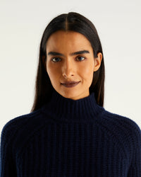 Pull à col montant à côtes anglaises en cachemire - Navy