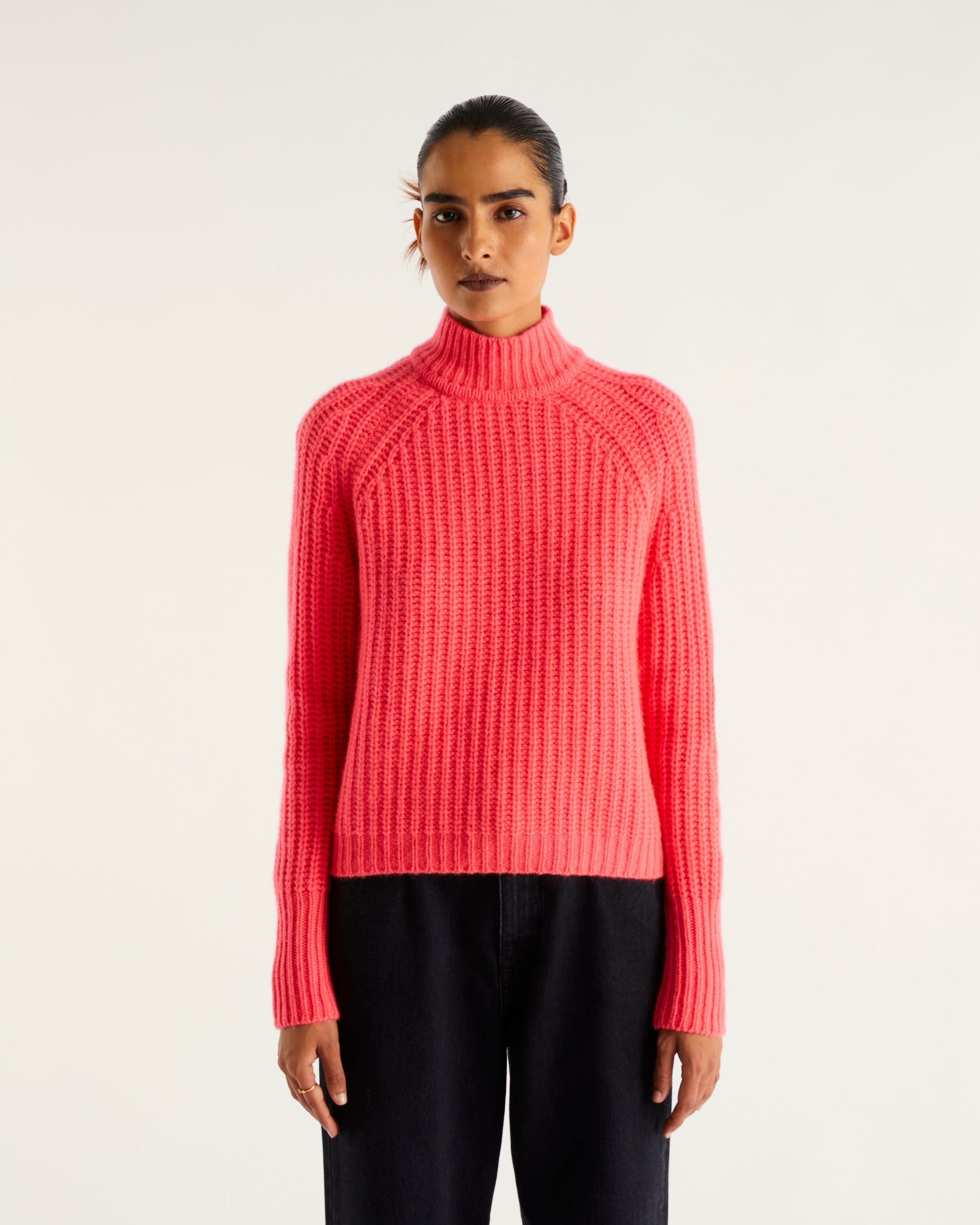 Pull à col montant à côtes anglaises en cachemire - Neon Pink