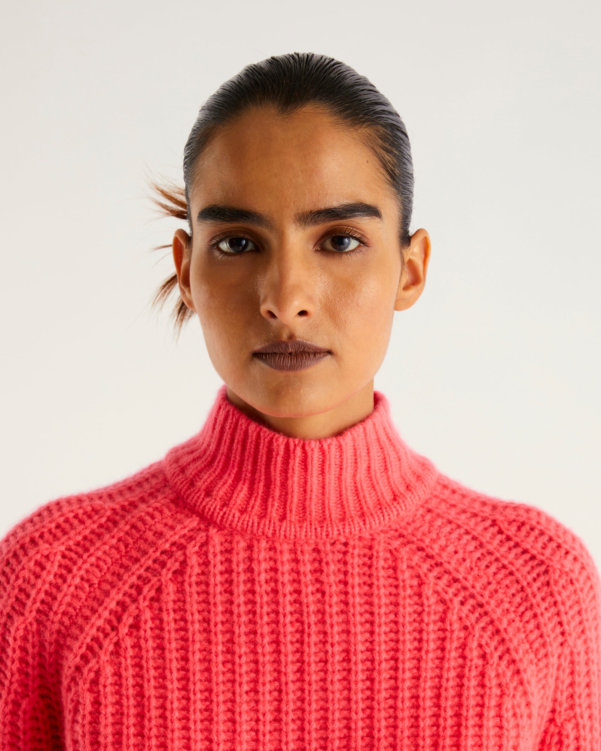 Pull à col montant à côtes anglaises en cachemire - Neon Pink