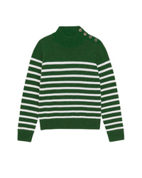 Pull marinière à col montant à bouton en cachemire - Pine Green